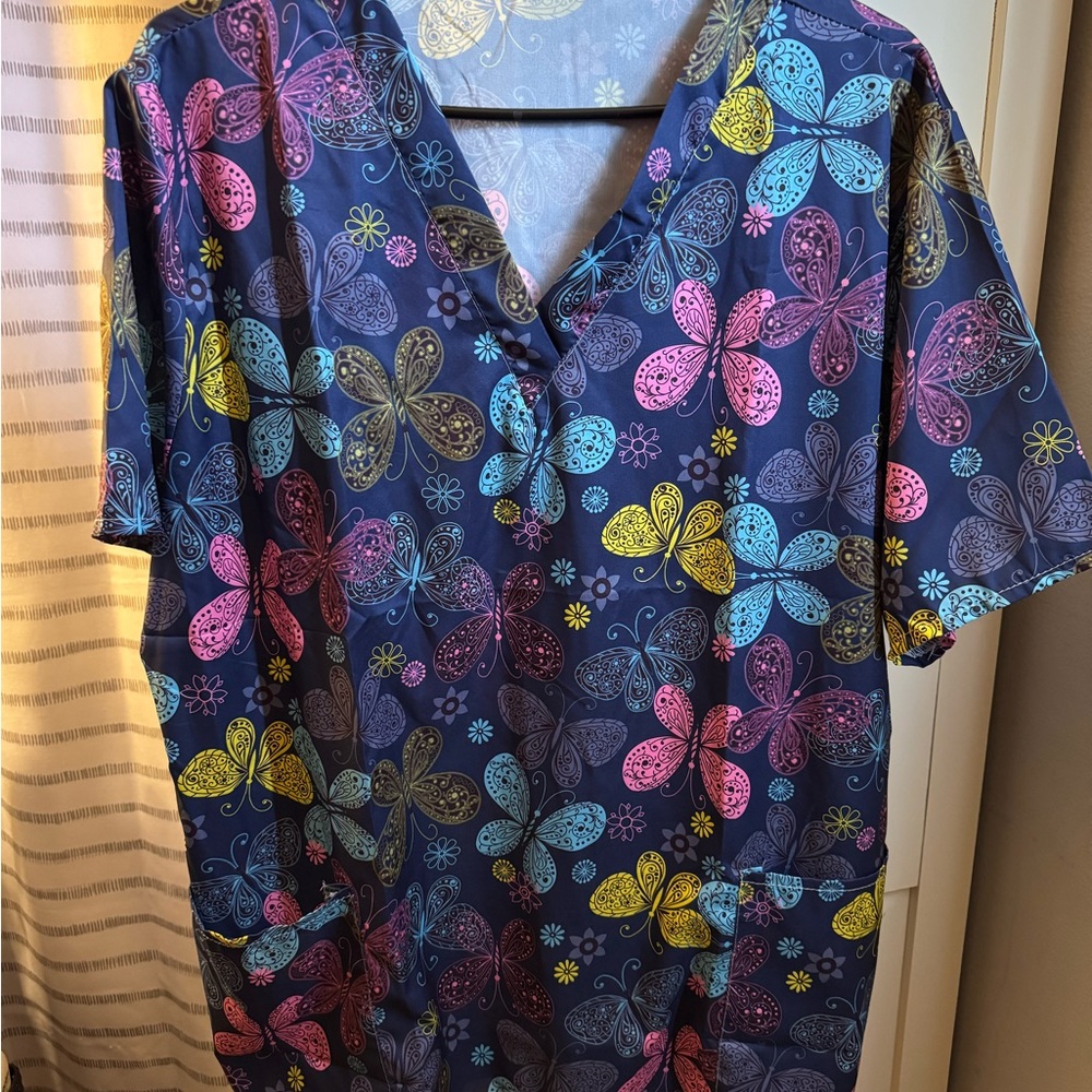 Colorful Butterfly Print Scrub Top